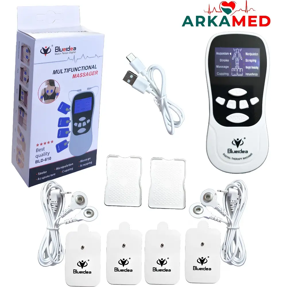تصویر بسته‌بندی و تجهیزات کامل دستگاه تنس پرتابل Blueidea مدل BLD‑610